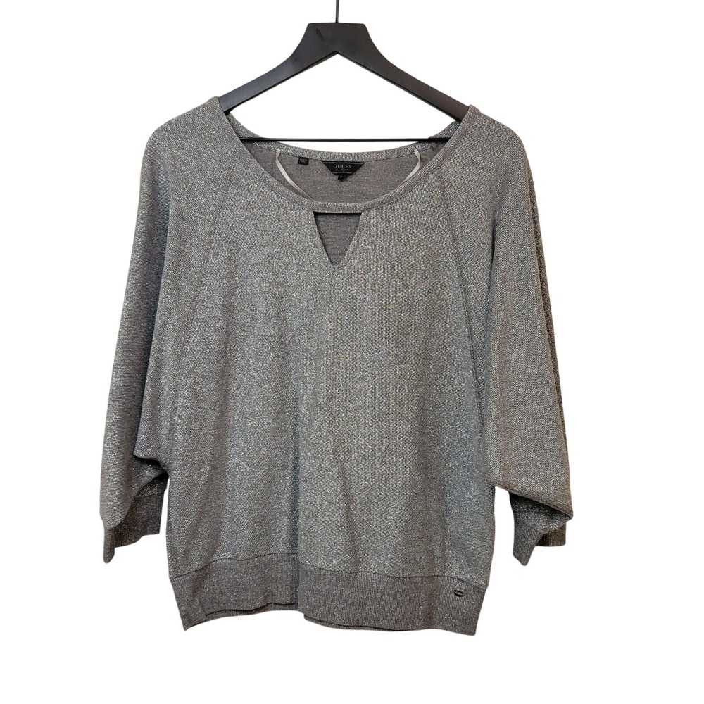 Guess Los Angeles Silver Metallic Cutout V-Neck Dolman Sleeve Knit Top L Y2K